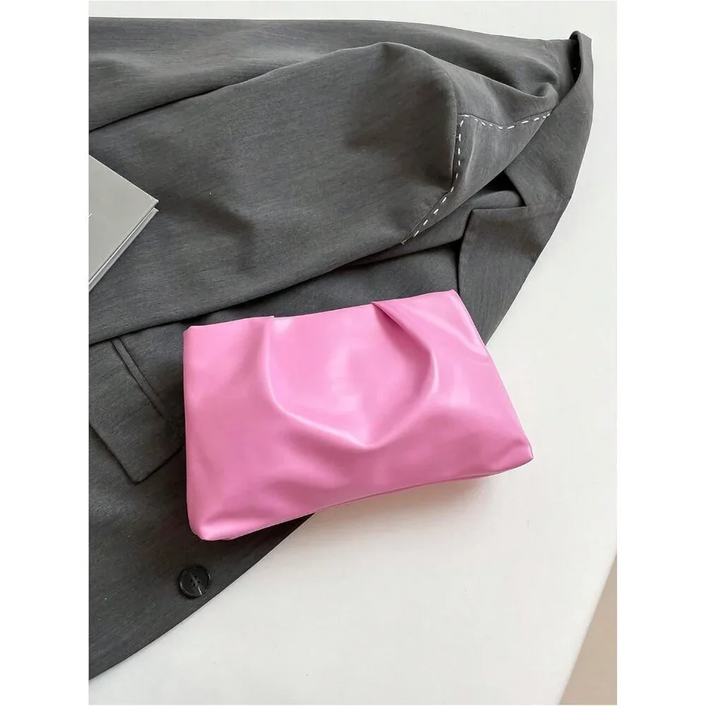 Women's Pink PU Leather Small Zipper Ruched Minimalist Smooth Casual Handbag